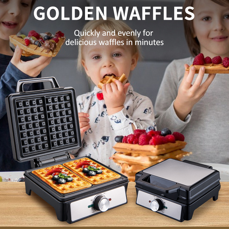 Waffle Iron Belgian - เครื่องทำวาฟเฟิล 2 ชิ้น ปรับอุณหภูมิได้ เครื่องทำวาฟเฟิลเบลเยียมไฟฟ้าสำหรับอาหารเช้า แผ่นเหล็กทำเค้กไข่แบบไม่ติดกระทะ