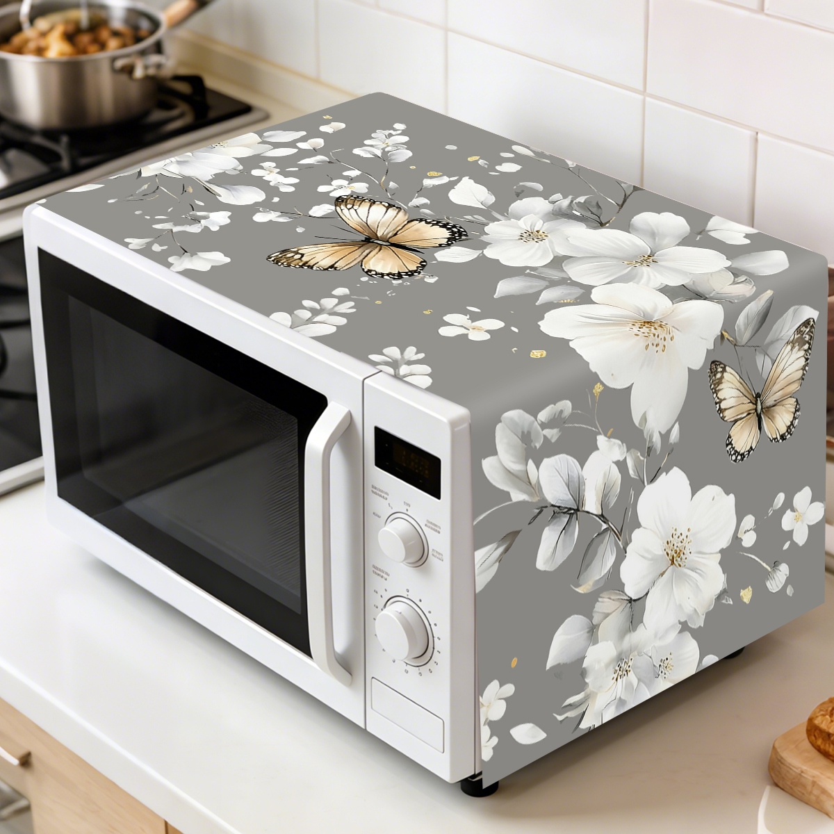 Kitchen Appliances White - 1 ชิ้น ผ้าคลุมกันฝุ่นไมโครเวฟลายดอกไม้สีขาว 35x85 ซม. ลายผีเสื้อ