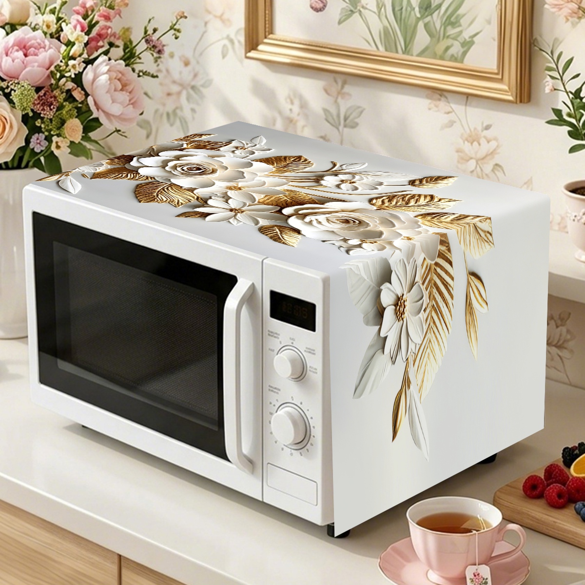 Kitchen Appliances White - ผ้าคลุมไมโครเวฟสีขาวทอง ขนาด 35*85 ซม. ลายดอกไม้ 2