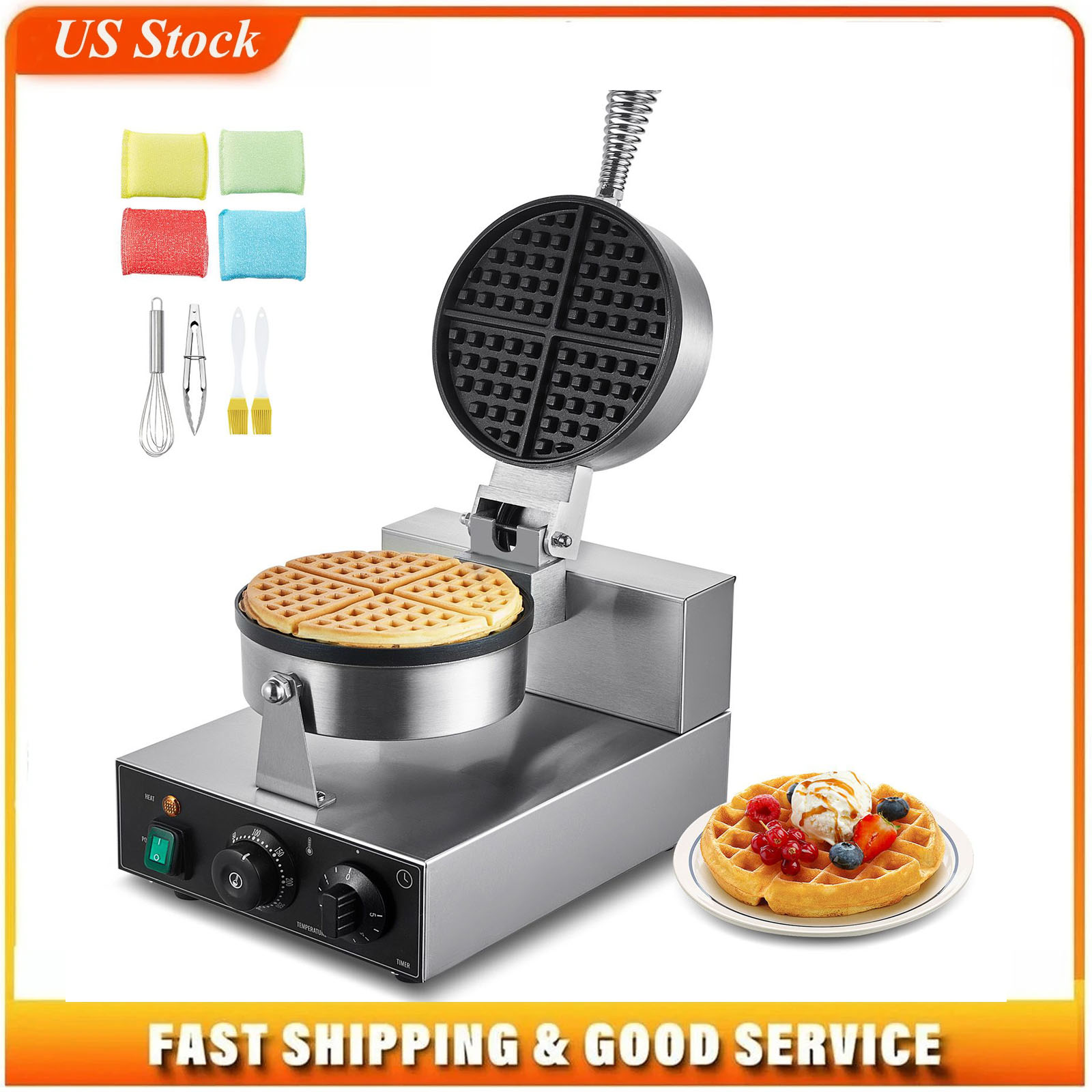 Waffle Iron Belgian - เครื่องทำวาฟเฟิลเชิงพาณิชย์, เครื่องทำวาฟเฟิลทรงกลม 1230 วัตต์, เครื่องทำวาฟเฟิลเบลเยียมสแตนเลสแบบไม่ติดกระทะ พร้อมระบบควบคุมอุณหภูมิและเวลา,